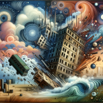 A visual representation of a psychological analysis of a dream about a falling building. The image includes symbolic elements like a dreamy landscape