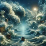 A visual representation of exploring the deep and turbulent waters of the subconscious mind, symbolizing dreams about floods. The image shows a person