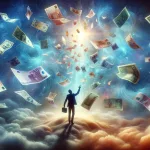 A visually striking image of a person in a dream-like state surrounded by floating currency notes, symbolizing the experience of dreaming about receiv