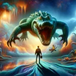 A vivid and intense dream scene depicting a person confronting a large, menacing alligator in a surreal, dream-like environment. The alligator is in t
