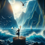 An adventurous and liberating scene representing the name ‘Moane’, capturing the essence of the ocean and adventure. The image should depict vastness,