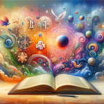 An artistic and colorful illustration representing the concept of names and their meanings. The image features an open book with various names written