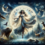 An artistic representation of the name Daiane, inspired by its origins in Roman mythology. The scene depicts a graceful and strong woman embodying the
