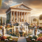 An elegant and classical scene representing the name ‘Lavínia’. In the center, there’s an ancient Roman villa, surrounded by lush gardens and classica