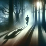 An evocative image of a person running through a surreal and misty forest, symbolizing the act of fleeing in a dream. The forest is dense and mysterio