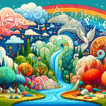 An imaginative and colorful illustration for a blog about the meanings of names, featuring a fantastical landscape where each element – trees, rivers,