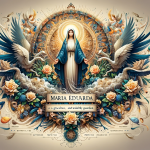 Create an artistic image representing the meaning of the name Maria Eduarda. The artwork should visually convey the combination of the themes of Mary’