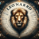 Create an image representing the meaning and cultural richness of the name Leonardo. The central focus should be a majestic lion, symbolizing strength