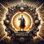 Create an image that captures the essence and grandeur of the name Nicolau. The central focus should be a figure that embodies the meaning of ‘victory