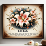 Create an image that captures the essence of the name ‘Lílian’, symbolizing its association with the lily flower, representing purity, innocence, and