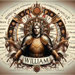 Create an image that captures the prestige and tradition of the name William. The central focus should be a noble and resolute figure, symbolizing the