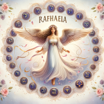 Create an image that embodies the charm and spiritual significance of the name Rafaela. The central focus should be a serene and graceful figure, symb