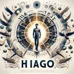 Create an image that embodies the meaning and unique aspects of the name Hiago. The central focus should be a modern, dynamic figure that represents t