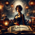 Create an image that visually represents the meaning of the name Adriana. The scene should depict an elegant, mysterious woman embodying the qualities