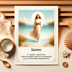 Create an image that visually represents the meaning of the name Karen. The scene should depict a simple, elegant woman embodying the qualities of pur