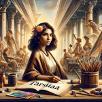 Create an image that visually represents the meaning of the name Tarsila. The scene should depict an artistic, creative woman with a sense of independ
