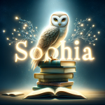Sophia – An image for a blog article that captures the essence of the name ‘Sophia’. Depict a wise owl perched on a stack of books with a soft glow surrounding