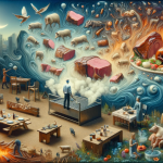The image is a visual representation of the text ‘Deciphering the Dream Roast Meat in the World of Dreams’. It depicts an imaginative and symbolic sc