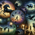 The image is a visual representation of the text ‘Exploring the Dream of the Black Horse A Journey of Self-Discovery’. It depicts a dreamlike, symbol