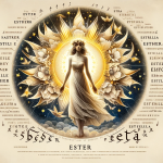 The image represents the meaning and history of the name Ester, a feminine name originating from Persian, meaning ‘star’. The image should evoke theme