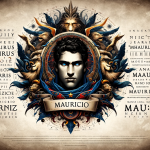 The image represents the meaning and origins of the name Maurício, a masculine name with a strong and noble resonance. Originating from the Latin ‘Mau