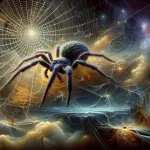 This evocative image captures the essence of dreaming about spiders, set in a mystical and complex environment that symbolizes the intricate web of ou