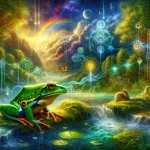 This image vividly brings to life the mystical and psychological essence of dreaming about frogs, set against a backdrop that blends the natural world