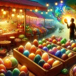 Visualize a bright and cheerful scene that creatively represents the concept of dreaming about buying eggs, set in a vibrant marketplace full of color
