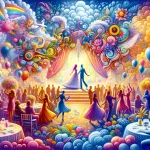 Visualize a colorful and joyful scene that captures the essence of dreaming about weddings, set against a backdrop that radiates happiness and celebra