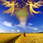 Visualize a serene and symbolic representation of the profound meaning of dreaming about rice, set in an expansive, golden rice field under a clear bl