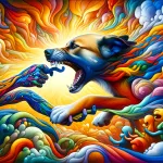 Visualize a vibrant and complex scene where a dog biting is depicted in a way that intertwines affection and aggression, set against a backdrop filled
