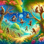 Visualize a vibrant and playful scene that embodies the essence of dreaming about monkeys, set in a lush, colorful jungle environment that highlights
