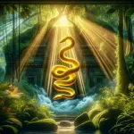 a captivating and symbolic scene where a yellow snake, embodying wisdom, intuition, and potential danger, slithers through an ancient, overg