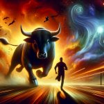 a dynamic and intense image representing the concept of dreaming about being chased by a bull. The scene includes a vivid, action-filled backgr