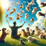 a heartwarming and gentle scene where an individual, represented in a generic manner, is surrounded by playful puppies in a lush, green meadow