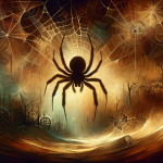 a mysterious and intriguing image representing the concept of dreaming about brown spiders. The scene includes a shadowy, enigmatic background