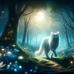 a serene and mystical scene where a white cat, embodying purity, enlightenment, and mystery, gracefully walks through an enchanted forest. The