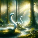 a serene and mystical scene where a white snake, embodying purity, enlightenment, and renewal, gracefully moves through an enchanted forest
