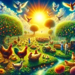 a vibrant and symbolic scene that encapsulates the essence of dreaming about chickens, set in a lush, green farmyard under a bright, sunny s