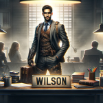 an image that visually represents the meaning of the name Wilson. The scene should depict a determined, strong man embodying the qualities of p