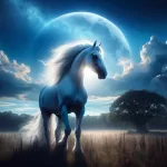 cena mística e etérea, onde um majestoso cavalo branco aparece em um campo aberto, sob um céu azul claro, com nuvens dispersas. O cavalo