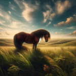 cena pastoral serena, com um cavalo marrom robusto e belo no centro, em um vasto campo aberto sob um céu azul claro. O cavalo está em pé,