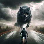 cena tensa, mas ricamente simbólica, onde uma pessoa enfrenta um cachorro bravo em uma estrada deserta, sob um céu nublado que ameaça chuv