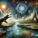 image to represent the concept ‘Exploring the Subconscious The Meaning of Dreaming about Alligators’. The image should depict a dream-like,