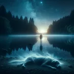 nighttime scene under a starry sky where a person stands at the edge of a calm lake, deeply reflective. This person is alone, surrounded by
