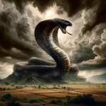 uma cena impactante e simbólica de uma cobra gigante enrolada em um vasto terreno selvagem, sob um céu tempestuoso. A cobra, imensa e impone