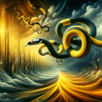 A captivating and symbolic image representing the theme of dreaming about a yellow and black snake. The scene should depict a mystical and somewhat en