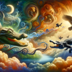 A compelling and mystical representation of the symbolic meaning of dreaming about a snake and an alligator. The scene is set in a surreal, dreamlike