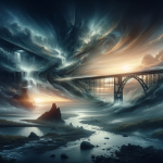 A dramatic and symbolic image representing the concept of dreaming about a bridge collapsing. The scene is set in a surreal, atmospheric landscape tha