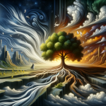 A dramatic and symbolic representation of the psychological meaning of dreaming about a falling tree. The scene is set in a surreal, metaphorical land